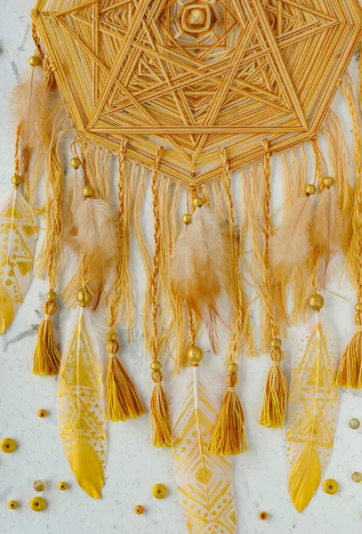 Closeup Details Modern Dreamcatcher Mandala Painted Golden Feathers Tassels — Stock Photo, Image