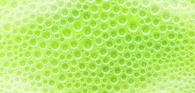 Yeşil arka planda soyut su damlacıkları. Sıvı baloncuk, molekül, su sıçrama arkaplanı. Makro su kabarcıkları köpürüyor..