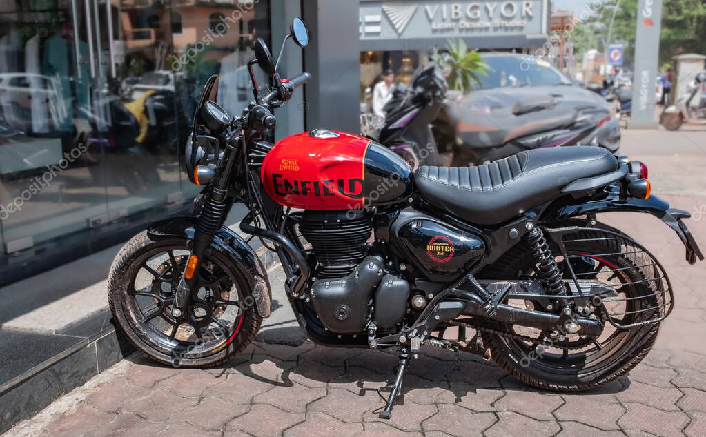 Royal Enfield Hunter 350 model motorcycle parked on the street of Panaji Goa India. Street photo, nobody, editorial-Sept 9,2025