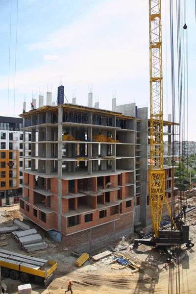 Modern New Building Working Crane Construction House Construction Site Cranes — Stock Photo, Image