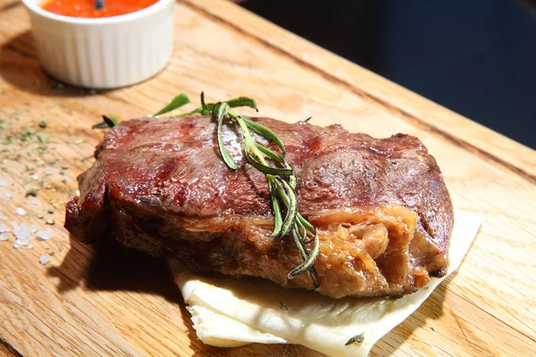 Steak Top Blade Medium Roast Wooden Board Sauce Salt — Stock Photo, Image