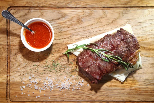 Steak Top Blade Medium Roast Wooden Board Sauce Salt — Stock Photo, Image