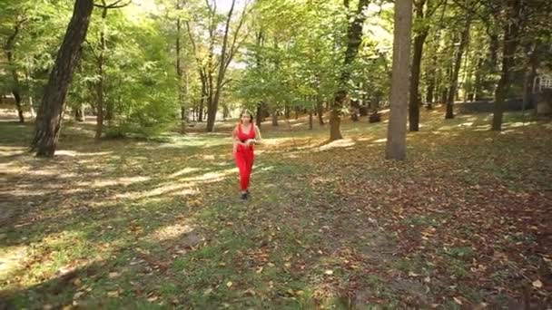 Winnica Ukraina Październik 2019 Piękna Młoda Dziewczyna Robi Wyścig Lesie — Wideo stockowe