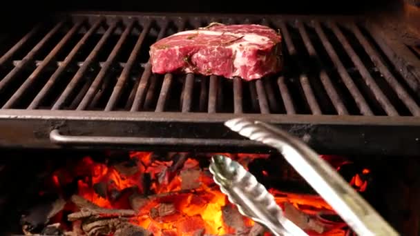在烤架上和煤块上准备牛排 厨师做牛排 烤肉架上的牛肉嫩牛排 — 图库视频影像