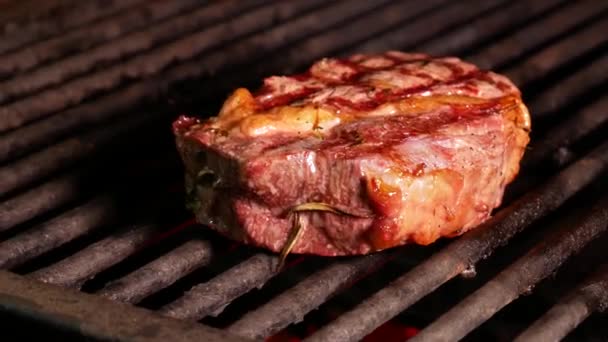 Zubereitung Des Steaks Auf Dem Rost Und Den Kohlen Koch — Stockvideo