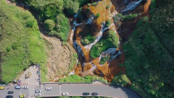 Flygfoto Bilder Drönare Golden Waterfall Jiufen Taiwan — Stockvideo