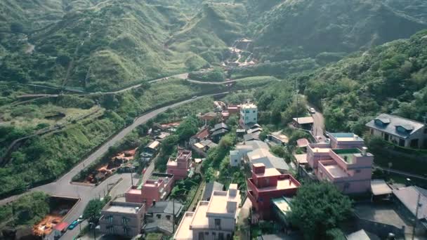 Filmagem Vista Aérea Por Drone Golden Waterfall Jiufen Taiwan — Vídeo de Stock