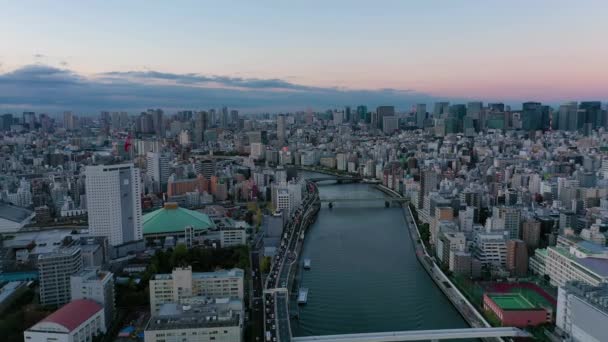 Vista Aérea Vídeo Por Drone Construção Cidade Tóquio Japão Nascer — Vídeo de Stock