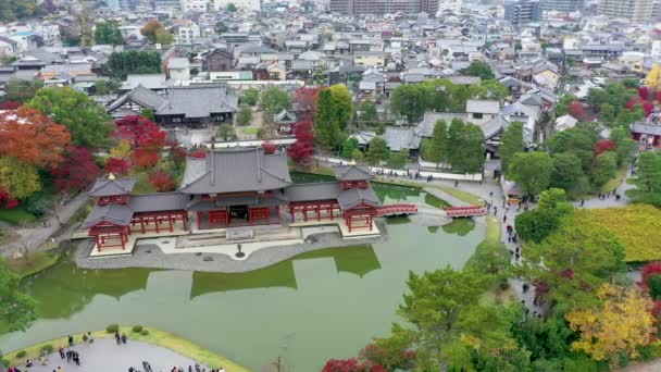 Aerial View Drone Byodoin Temple Byodo Autumn Leaves Uji City — Αρχείο Βίντεο