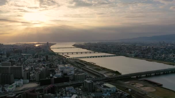 Вид Воздуха Видео Беспилотника River Building Городе Осака Япония — стоковое видео