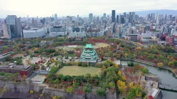 Aerial View Drone Osaka Vár Épület Város Osaka Japán Ősszel — Stock videók