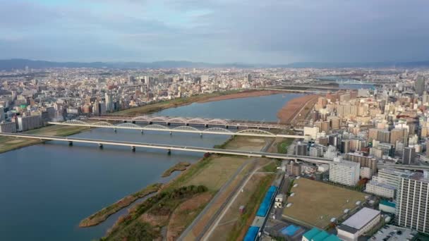 Vista Aérea Video Por Dron Río Edificio Ciudad Osaka Japón — Vídeo de stock