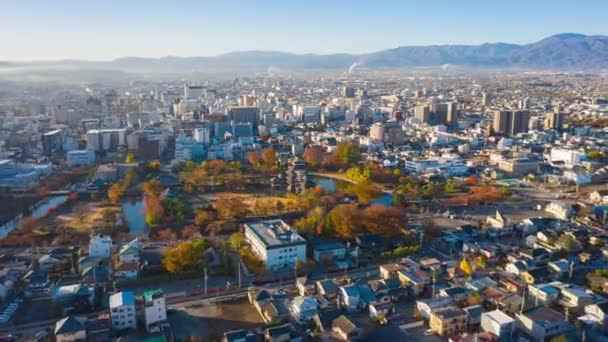 Vista Aérea Hyper Lapse Vídeo Castelo Matsumoto Pela Manhã Cidade — Vídeo de Stock