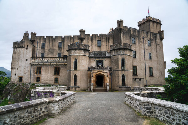 Dunvegan Castle on a gloomy day, Scotland, UK