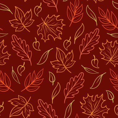 Sonbahar, koyu kırmızı zemin üzerinde pürüzsüz desen, renkli sonbahar yaprakları desen tasarımı, botanik çizimler ambalaj kağıdı, sevimli karikatür dijital kağıt tasarımı, kahverengi sonbahar dekoratif deseni