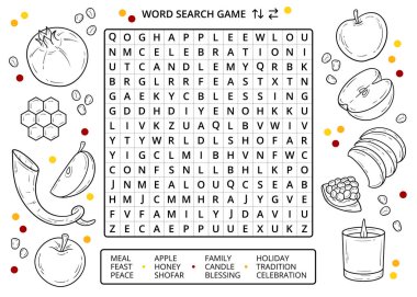 Rosh Hashanah kelime araması yapboz oyunu. Çizgi çizimleri çalışma kağıdıyla. İngilizce kelime öğrenmek için eğlenceli bir aktivite. Çocuklar ve yetişkinler için eğitici bir oyun. Yahudi çizim sanatı öğeleri, karalamalar