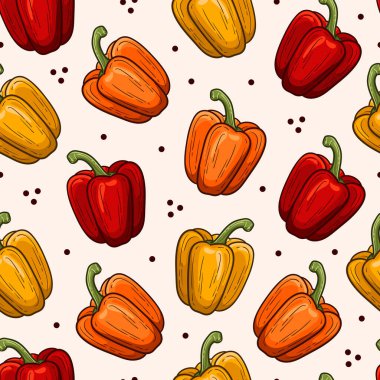 Açık bej arka planda çan bibersiz desen, renkli sebze deseni tasarımı, mutfak ambalajı kağıdı, organik gıda dijital kağıt tasarımı, dekoratif sağlıklı vegan deseni.