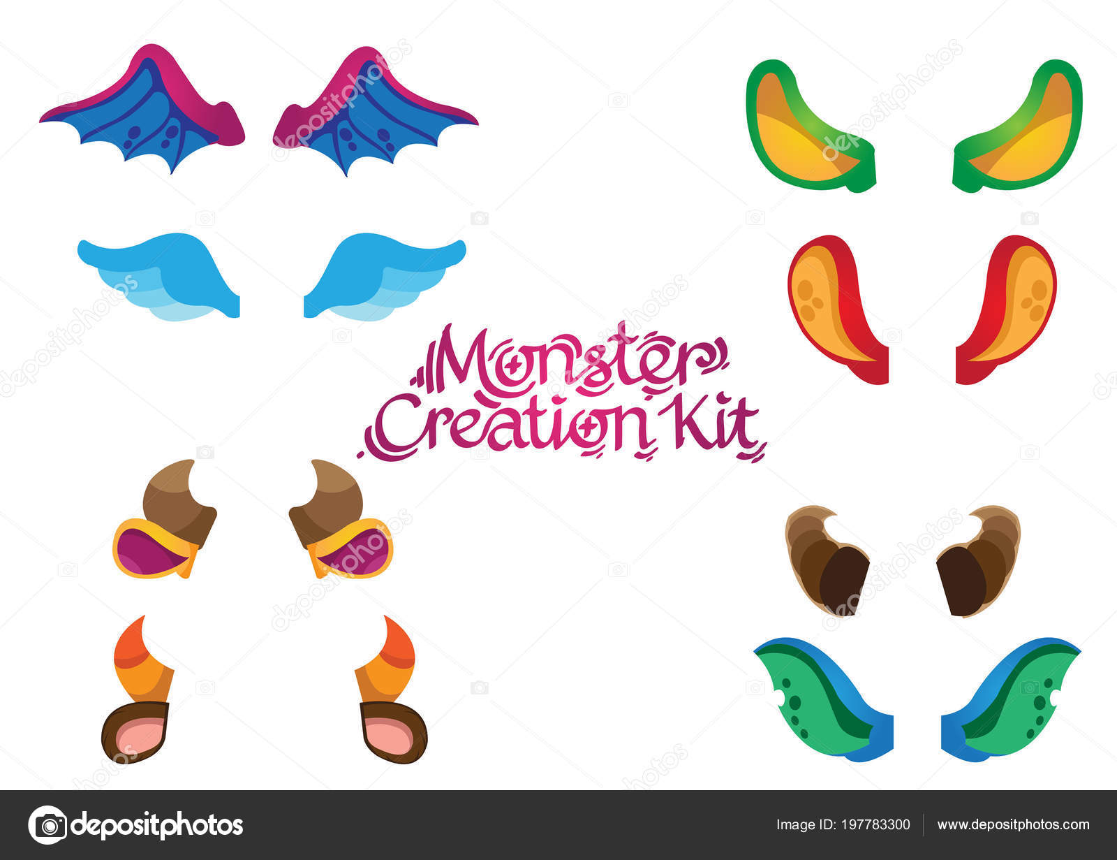 Set Wings Horns Ears Creating Sweet Childish Monsters Vector Set Stock Vector by filkusto 197783300