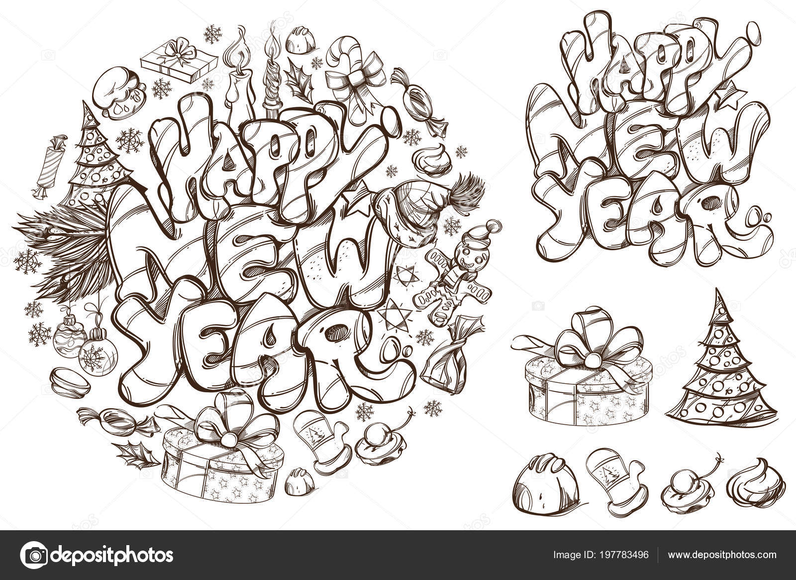 Year happy clipart clip drawings clipground cliparting source Happy New Year Set Vector Outline Illustrations Text New Year — Stock Vector © filkusto #197783496