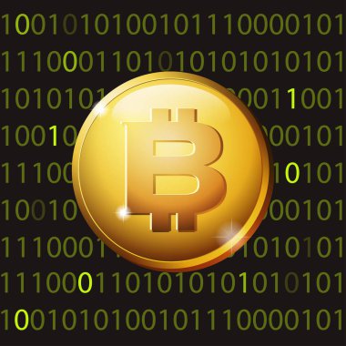 İkili kod karanlık matris zemin üzerine altın bitcoin sembolü. Vektör çizim.