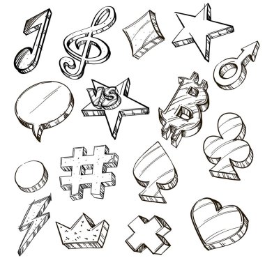 Elle çizilmiş dizi doodle simgeler beyaz arka plan üzerinde izole: bitcoin, konuşma balonu, hashtag, star, oyun kağıdı takım elbise ve diğer.