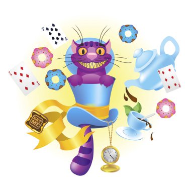 Cheshire cat in a hat and a variety of treats for tea. Illustration to the fairy tale Alice's Adventures in Wonderland. clipart