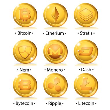 Cryptocurrency simge kümesi: Bitcoin, Ethereum, Stratis, Nem, Monero, Dash, Bytecoin, dalgalanma, Litecoin. Beyaz arka plan üzerinde izole vektör çizim.