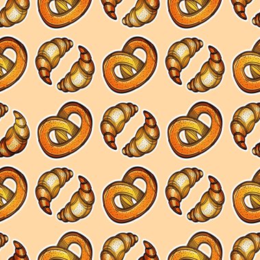 Desen vektör simit ve ay çöreği. Renkli illüstrasyon izole bej renkli arka plan üzerinde