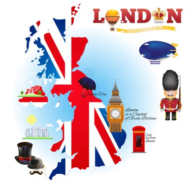 Londra. Harita ve İngiltere geleneksel semboller. Turist kitapçıklar, poster, afiş, el ilanları ve diğer nesneleri tasarım vektör çizimleri kümesi.
