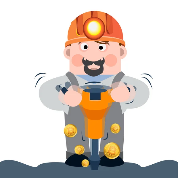 Bitcoin Mining Concept Man Met Jackhammer Extraheert Bitcoins Vectorillustratie — Stockvector