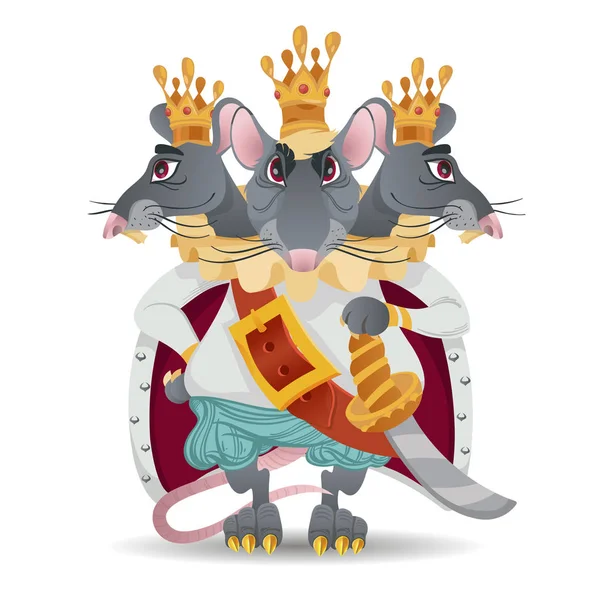 Rey Ratón Tres Cabezas Cuento Hadas Monstruo Mágico — Archivo Imágenes Vectoriales