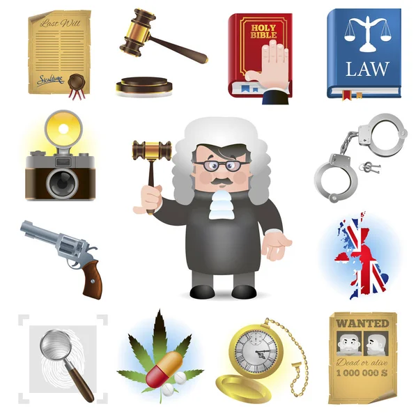 Soudce Právo Spravedlnost Anglie Charakter Objekty Sada Vektorové Ilustrace Izolované — Stockový vektor