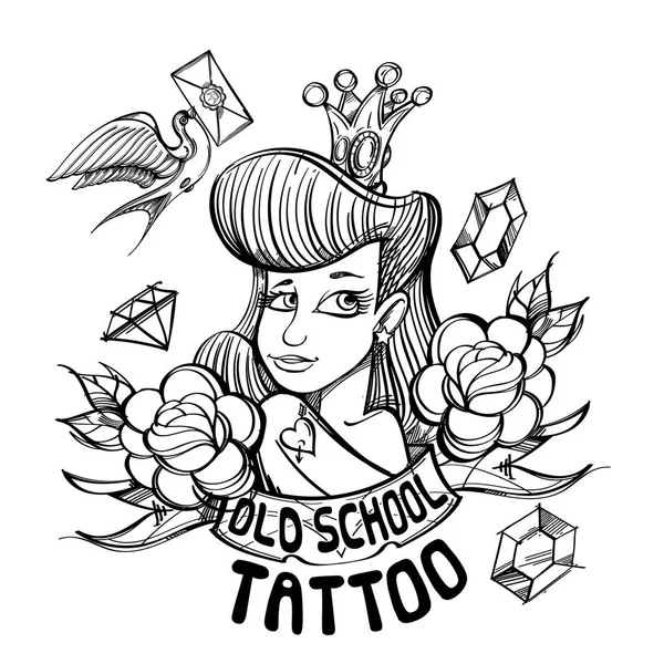 Prinses Kroon Old School Tattoo Geïsoleerd Witte Achtergrond — Stockvector