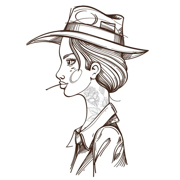 Fille Chapeau Cow Boy Illustration Pour Coloration — Image vectorielle