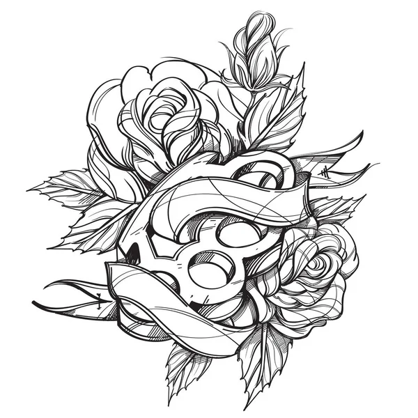 Poignée Laiton Bannière Ruban Dessin Contour Rose Pour Coloration Tatouage — Image vectorielle