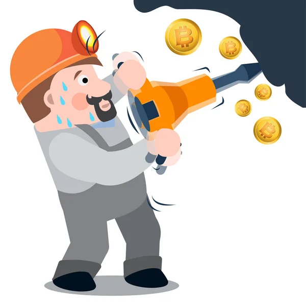 Concepto Minero Bitcoin Hombre Con Martillo Neumático Extrae Bitcoins Ilustración — Vector de stock