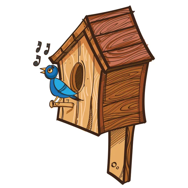 Uccello Canterino Vettoriale Vicino Birdhouse — Vettoriale Stock