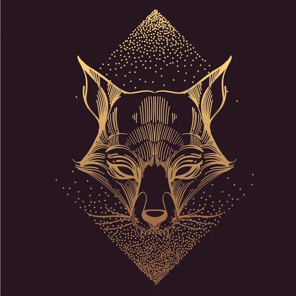 狐狸标志 图腾金色轮廓图案紫色背景 T恤设计 — 图库矢量图片