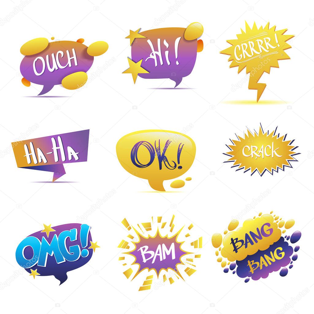 Set of speech bubbles with text isolated on white background.
