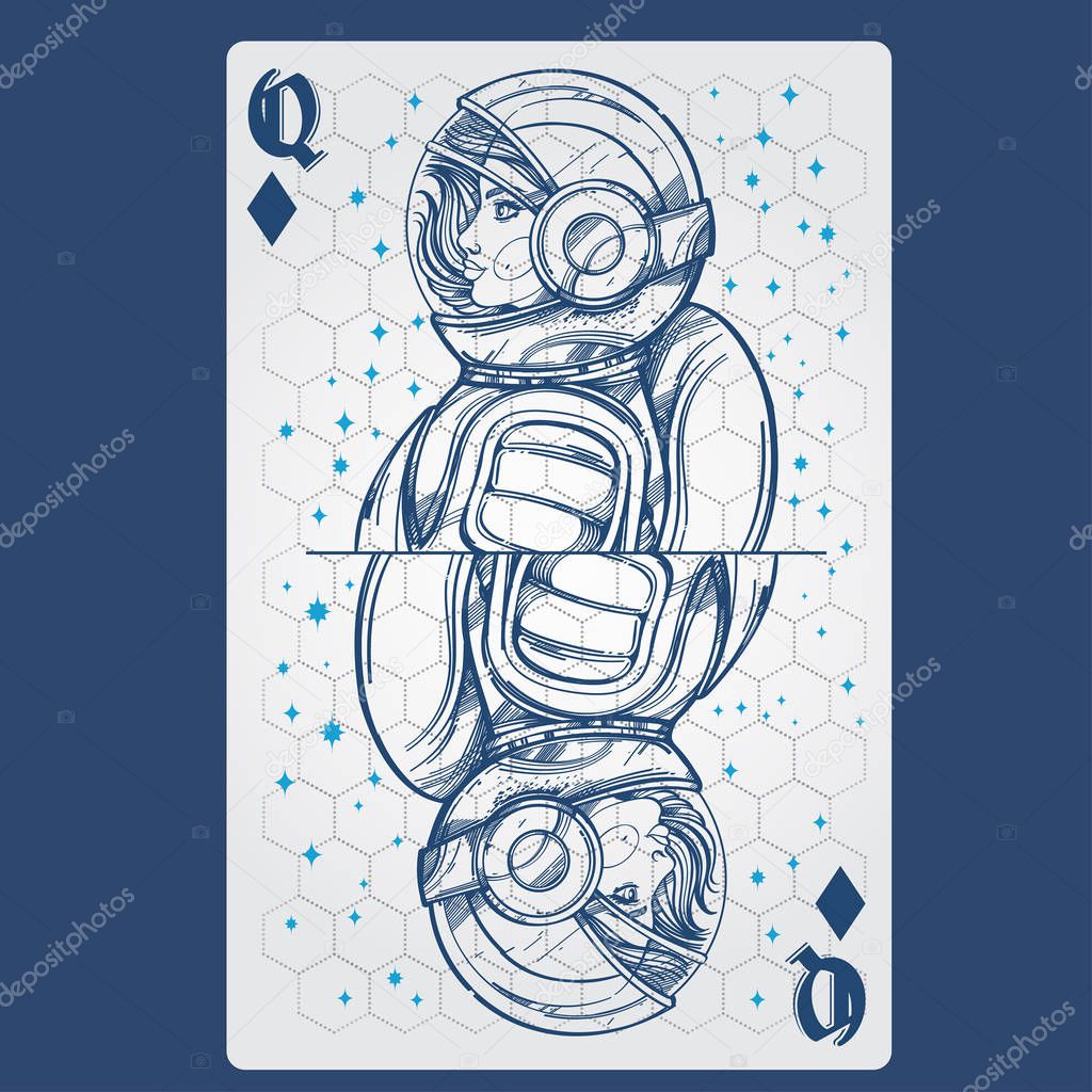 Queen of diamonds. Playing card with original design on the theme of space.