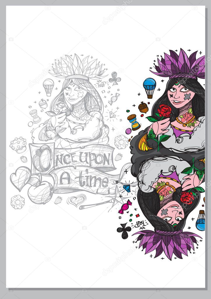 Queen. A template with fairy-tale characters for creating posters, covers, brochures.
