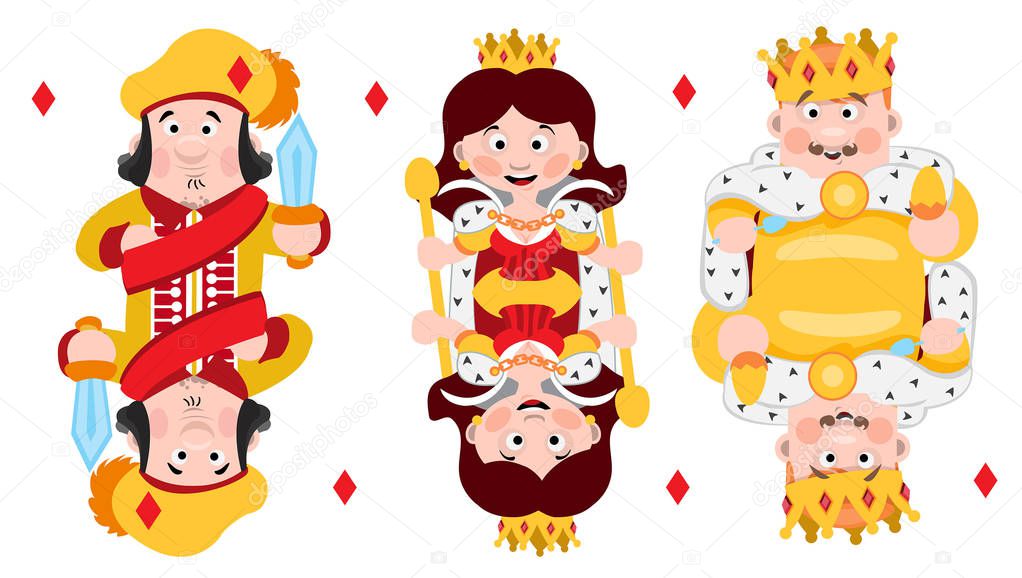 King, prince, queeen Diamonds. Playing cards with cartoon cute characters.