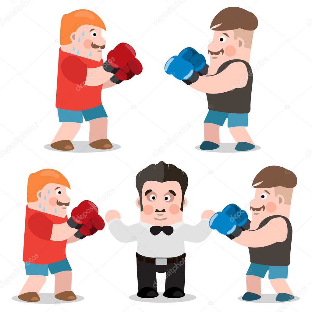 The judge in boxing match and boxers. Set vector illustration isolated on white background