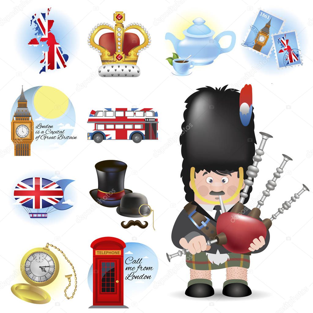 Scotsman in traditional clothes with bagpipe. United Kingdom. Character and objects. Set of vector illustrations isolated on white background.