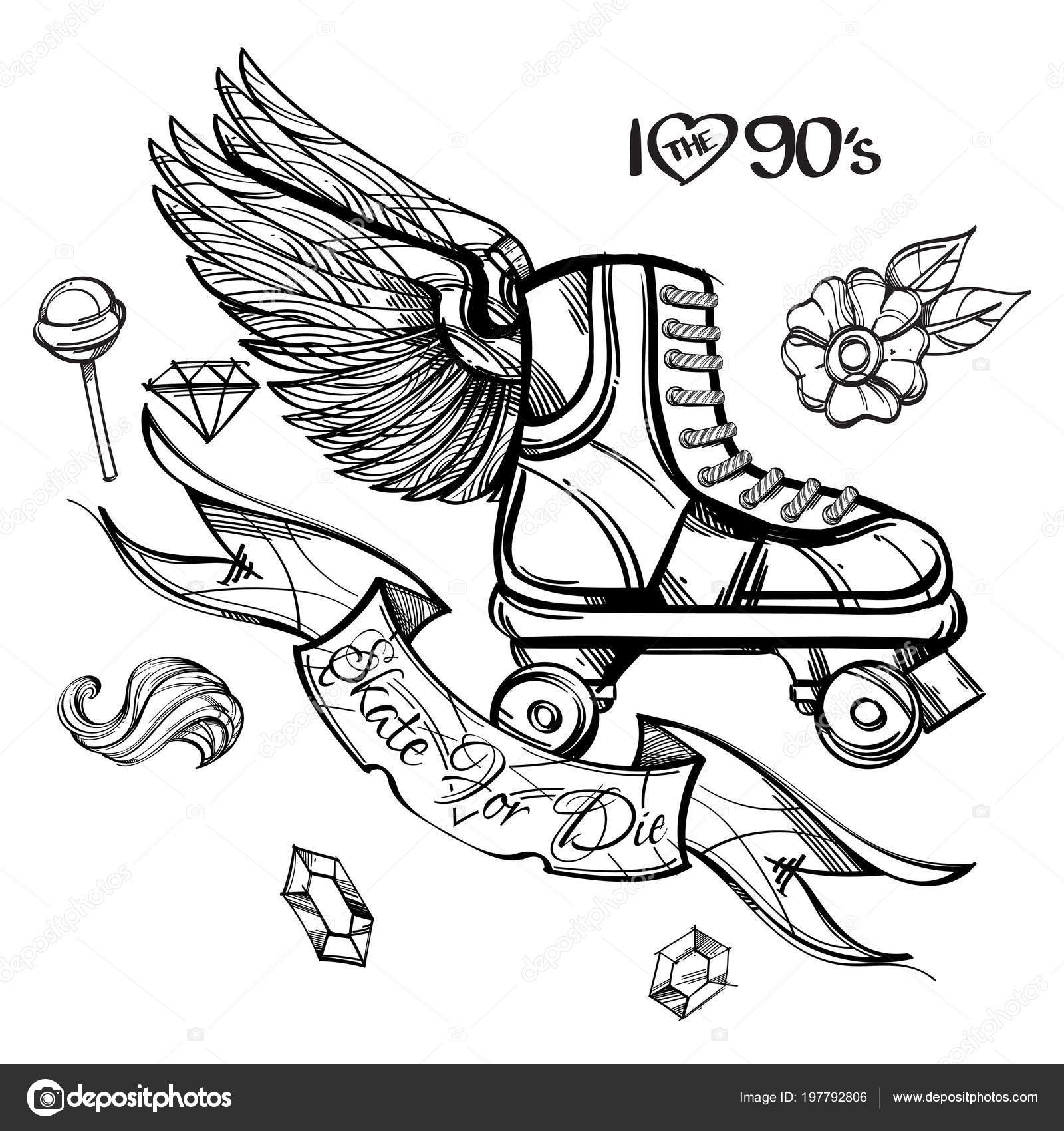 Bota, Tatuaje, Niño, Mano Dibujada, Velocidad Imagen Vectorial de