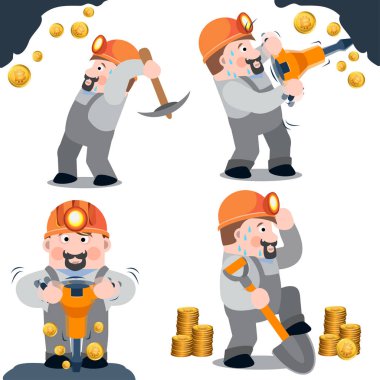 Bitcoin incelemesi kavramı. İşçileri araçlarla bitcoins ayıklayın. Vektör çizim.