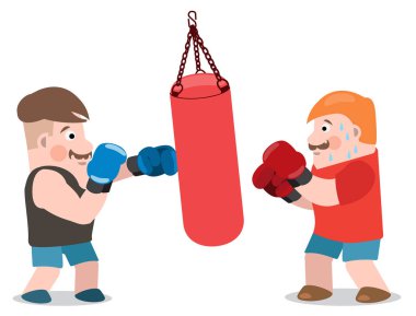 Kum torbası beyaz arka plan üzerinde izole yakınındaki iki boks adam