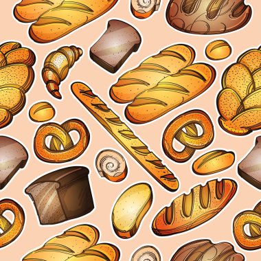 Vektör ekmek öğeleri kümesi. Ekmek, simit, baget, kruvasan, rulo, pasta, tuzlu kraker bej renkli arka plan üzerinde renkli çizimi