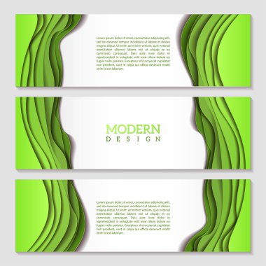 Set of banners with green abstract wavy multilayered pattern. Paper art style. clipart