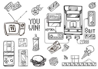 90s teknolojik nesneleri kümesi. Oyun konsolu, Tv, video ve ses cassetes, disket, film fotoğraf fotoğraf makinesi, çağrı cihazı, tamagotchi.